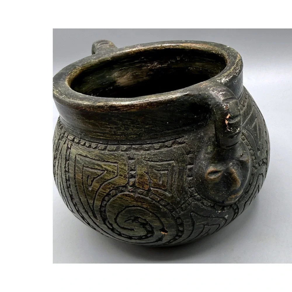 Primitive Hand Carved Pottery Vessel Incised Tribal Geometric Spiral w/Faces 5in